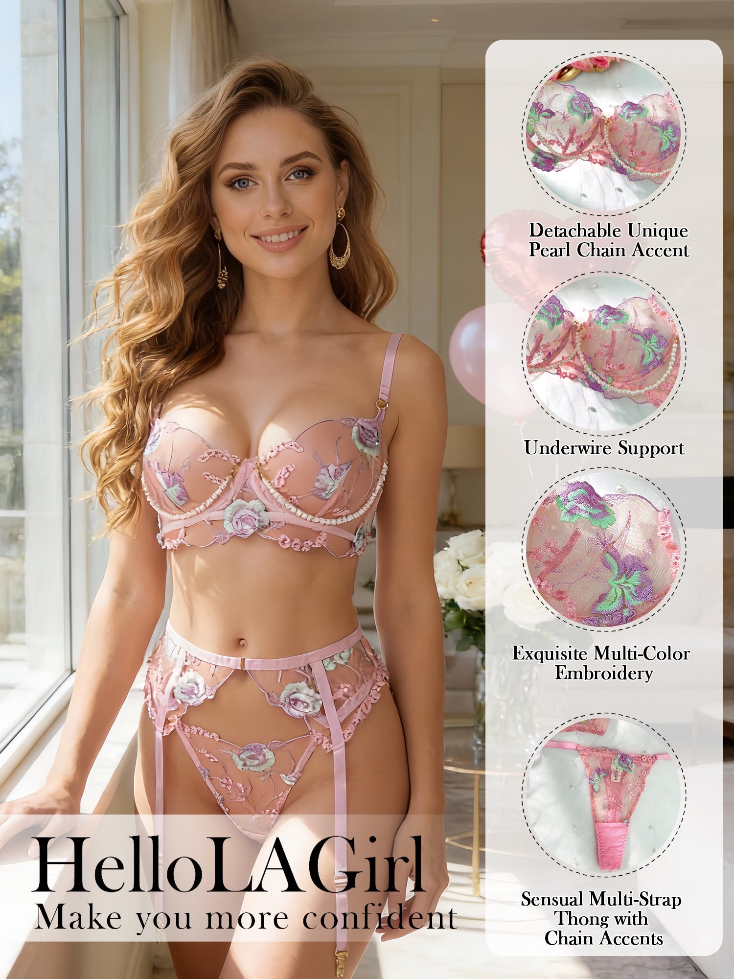 Pink Floral Embroidery Pearl Chain Lingerie Set