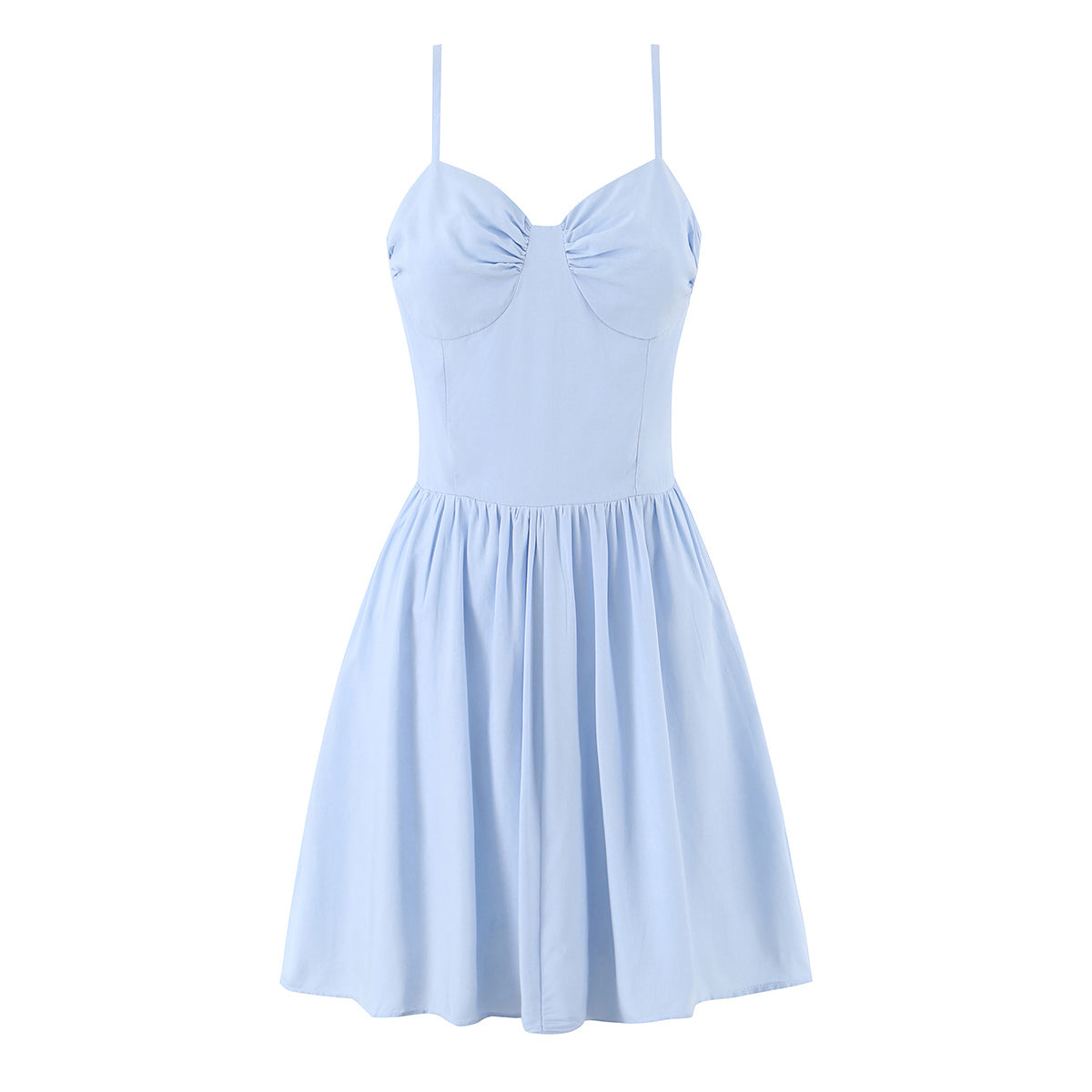 Summer Women Clothing French Elegant Sweet V neck Fitted Waist Pleated Design Solid Color Strap Dress by Ragazza