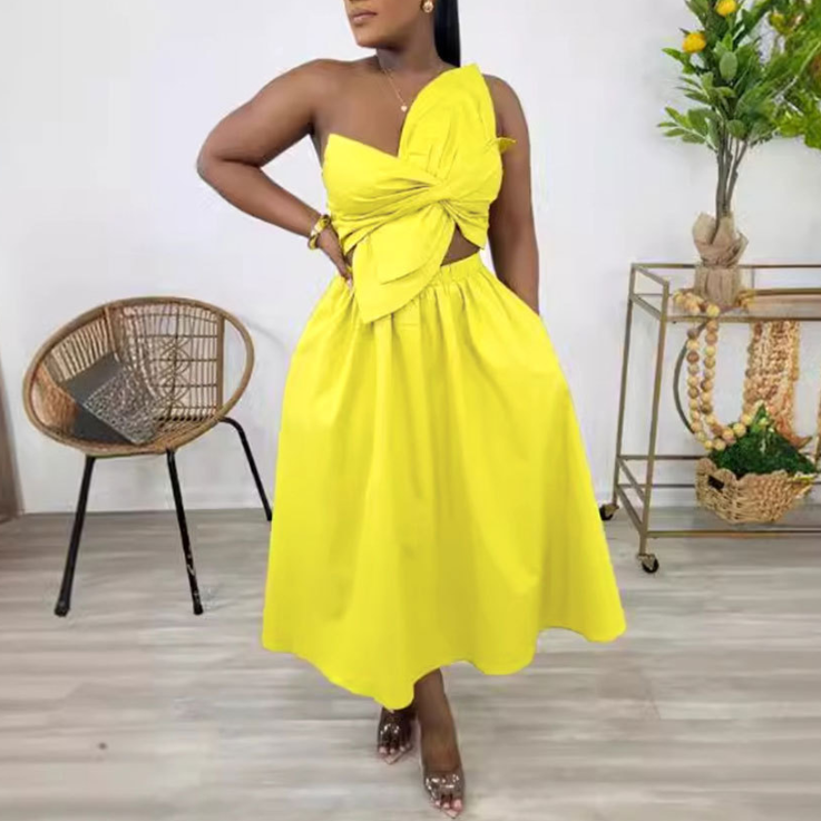 Sexy Solid Color Smocking One Shoulder Petal Hollow Out Cutout out Dress by Ragazza
