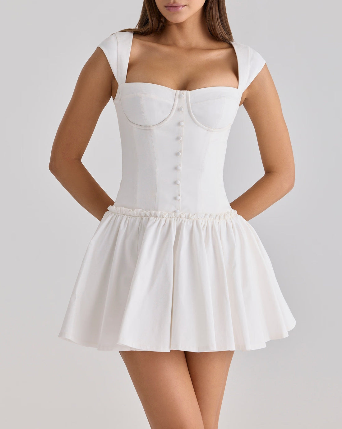 Sweet Romantic Gentle First Love Slim White Dress Design Square Neck Cinched Pettiskirt Dress by Ragazza