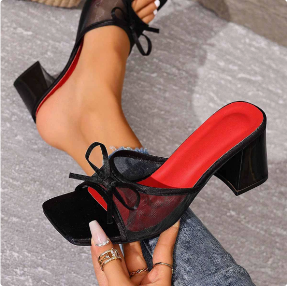 Transparent Chunky Heel High Heel Sandals Women Summer Bow Open Toe Square Head All Match Crystal Shoes  DestGlow