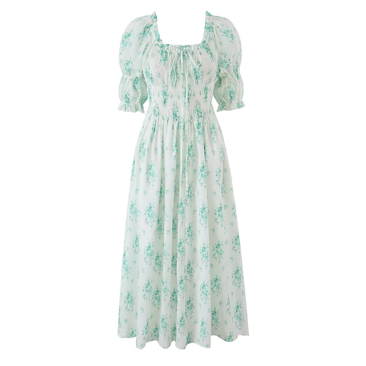 Summer Small Floral Drawstring Lace Scoop Smocking Tight Waist Dress by Ragazza