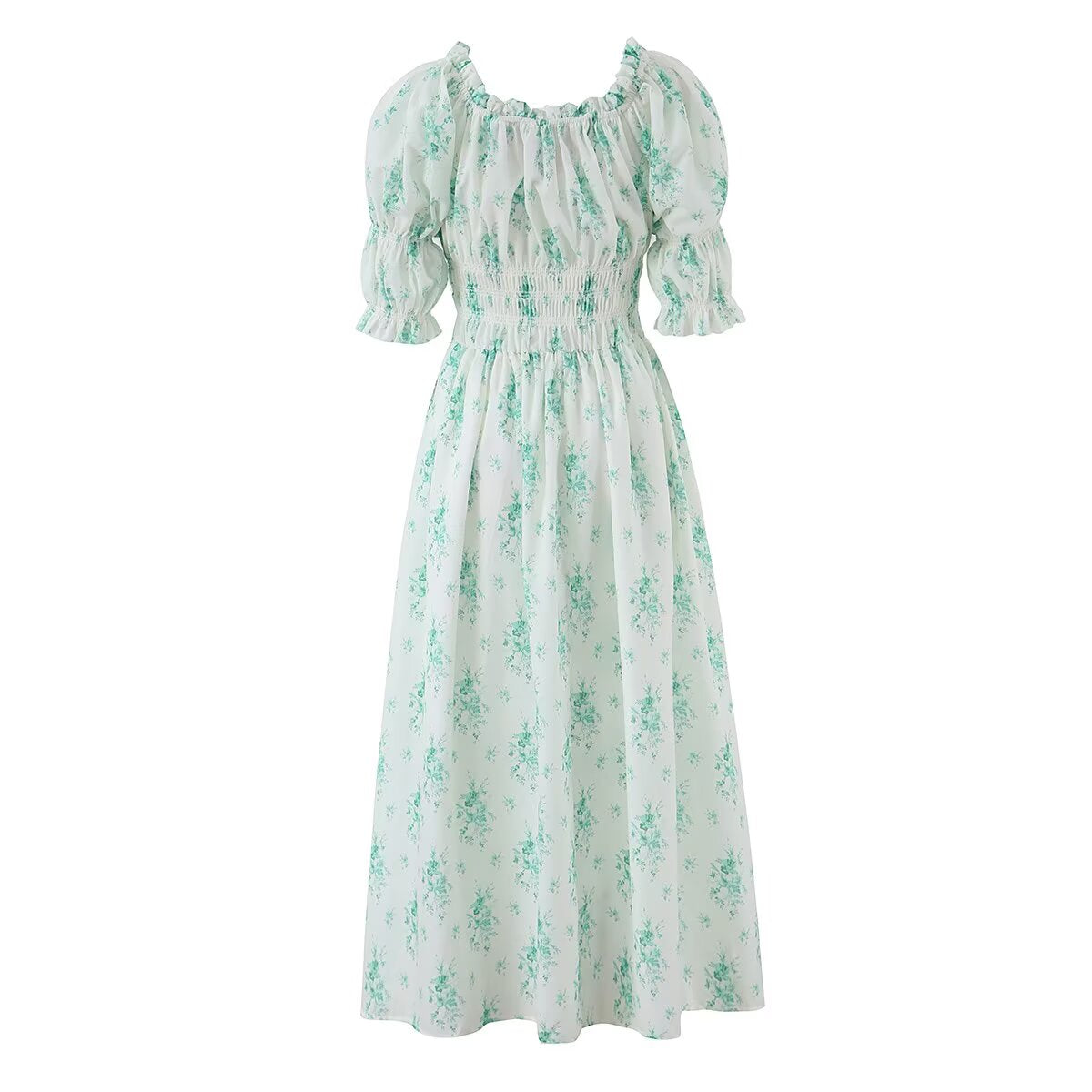 Summer Small Floral Drawstring Lace Scoop Smocking Tight Waist Dress by Ragazza