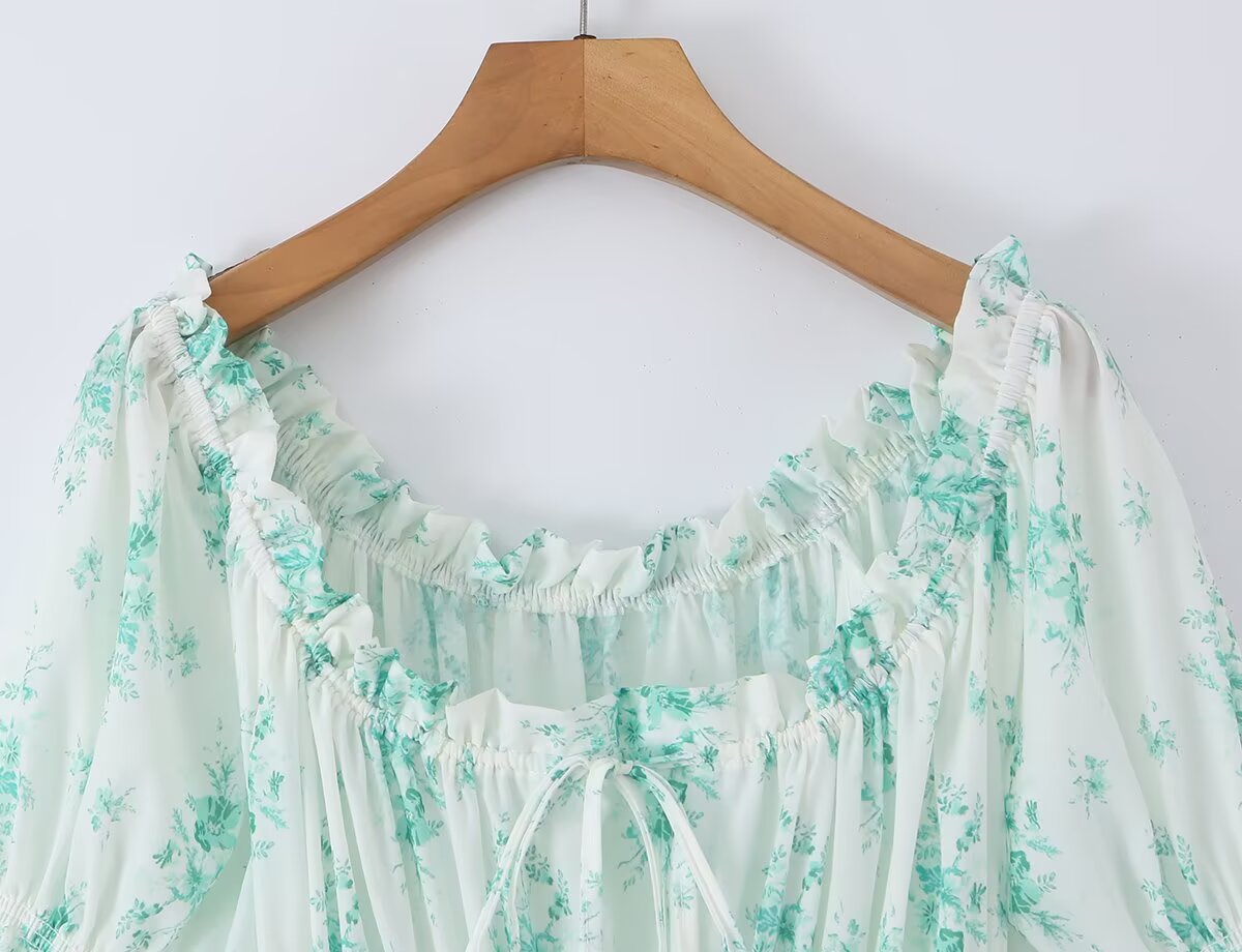 Summer Small Floral Drawstring Lace Scoop Smocking Tight Waist Dress by Ragazza