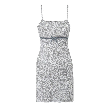 Spring Women French Leopard Bow Mesh Square Collar Suspenders Short Dress by Ragazza