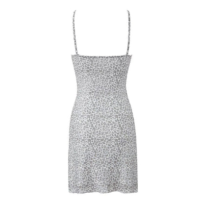 Spring Women French Leopard Bow Mesh Square Collar Suspenders Short Dress by Ragazza