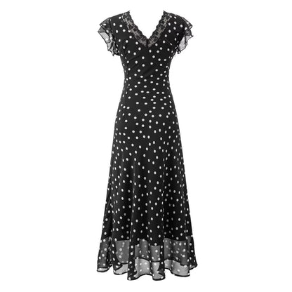 Summer Atmosphere Lace Stitching Vacation Floral Dress Flying Sleeves Slim Dress by Ragazza