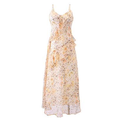 Summer Gentle Ruffled Design Niche Leopard Print Maxi Dress Slim Fit Strap Dress by Ragazza