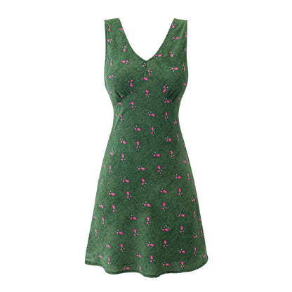 Summer Romantic Vintage Floral Short Sexy Lace up Slim Fit Slimming V Neckline Sleeveless Dress by Ragazza