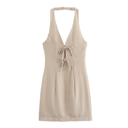 Women Clothing Summer French All Match Retro Spaghetti Straps Small Plaid Dress by Ragazza