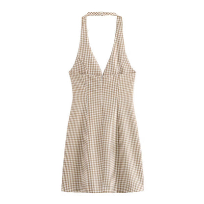 Women Clothing Summer French All Match Retro Spaghetti Straps Small Plaid Dress by Ragazza