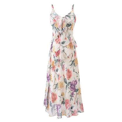 Super Beautiful Gentle Elegance Retro Printed Dress Vacation Ruffled Spaghetti Straps Dress by Ragazza
