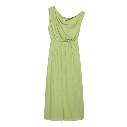 Women Slanted Shoulder One Shoulder Sleeveless Waist Cinching Long Dress by Ragazza