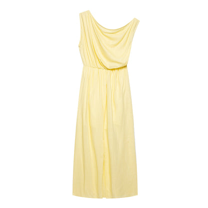 Women Slanted Shoulder One Shoulder Sleeveless Waist Cinching Long Dress by Ragazza
