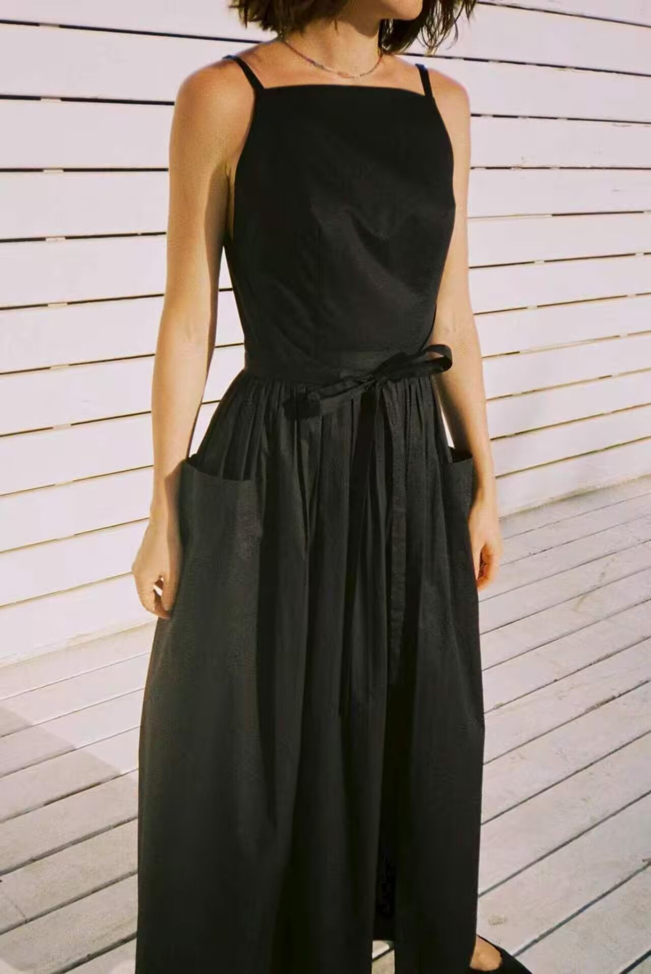 Women Tube Top Solid Color Lace up Dress Personality Cute Pocket Decoration Cami Dress by Ragazza