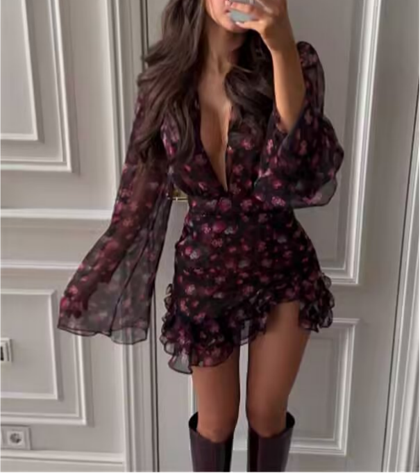 Spring Chiffon Dress Deep V Plunge neck Floral Printed Ruffles Long Sleeve Short Dress by Ragazza