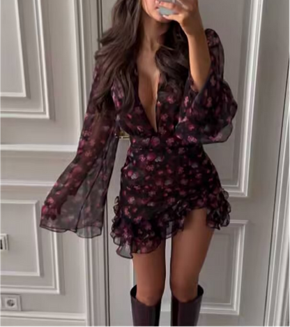 Spring Chiffon Dress Deep V Plunge neck Floral Printed Ruffles Long Sleeve Short Dress by Ragazza
