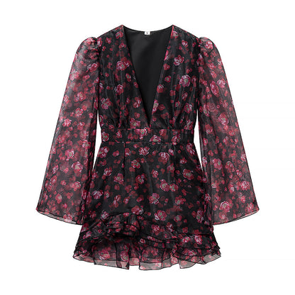 Spring Chiffon Dress Deep V Plunge neck Floral Printed Ruffles Long Sleeve Short Dress by Ragazza