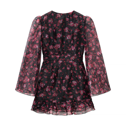 Spring Chiffon Dress Deep V Plunge neck Floral Printed Ruffles Long Sleeve Short Dress by Ragazza