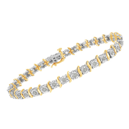 Two-Tone 10K Yellow Gold over .925 Sterling Silver 1.0 Cttw Diamond S-Curve Link Miracle-Set Tennis Bracelet (I-J Color, I3 Clarity) - 7" by Bids.com