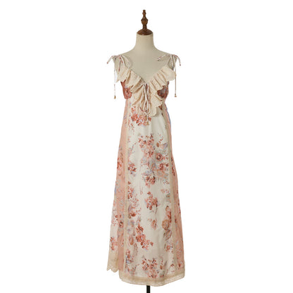Women Vacation Print Lace Edged Halter Dress  DestGlow