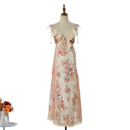 Women Vacation Print Lace Edged Halter Dress  DestGlow