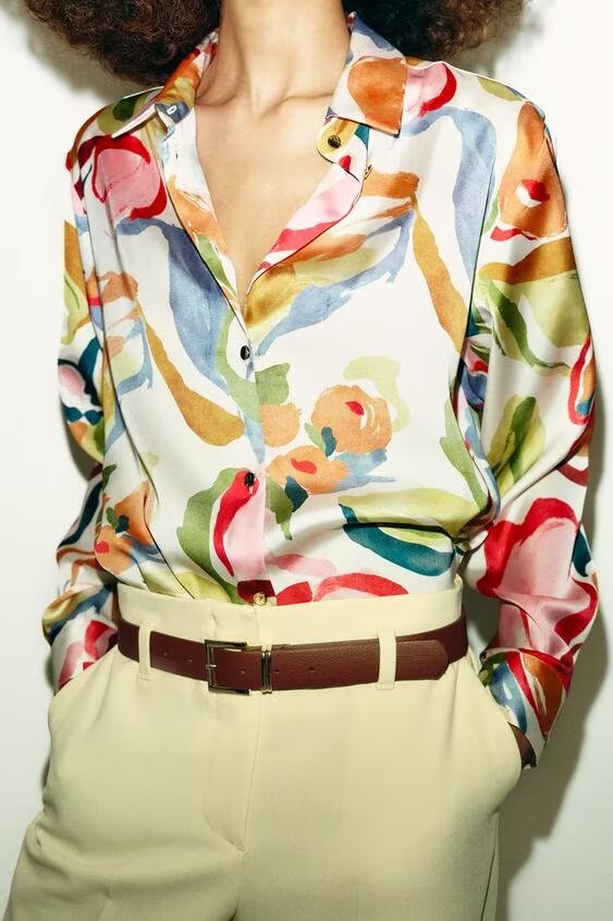 Women Clothing Summer Casual Floral Printed Silk Satin Texture Shirt by Ragazza