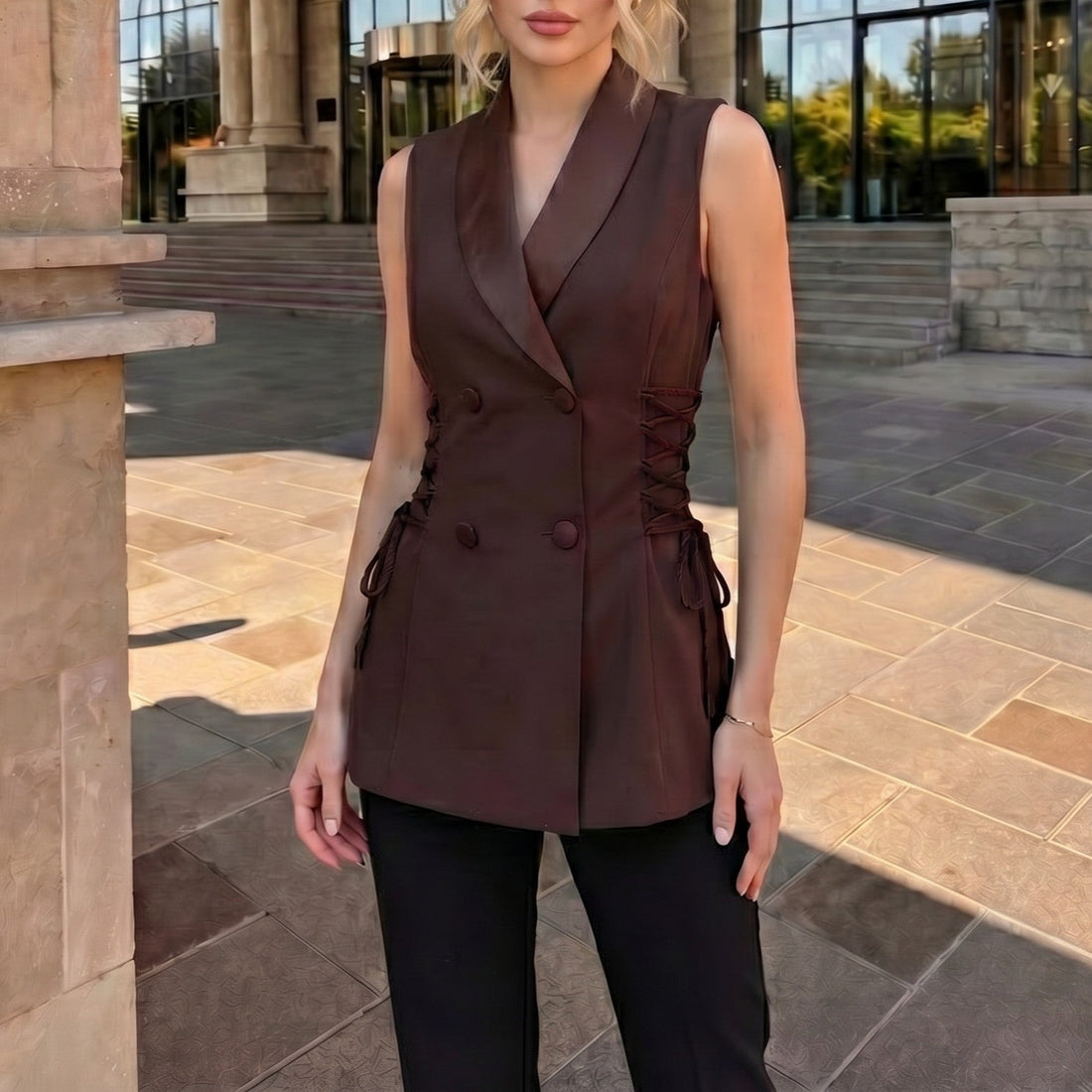 Women Clothing Summer Retro Bandage Waist Slimming Double Breasted Vest Jacket by Ragazza