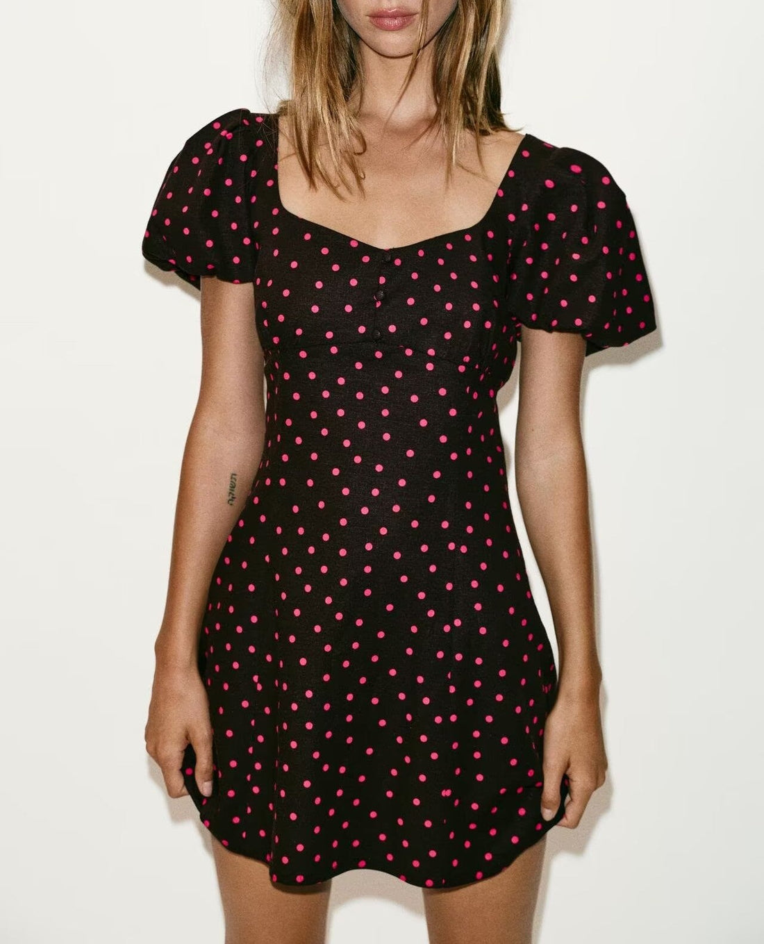 Summer French Retro Dots Puff Sleeve Square Neck Cinched Slimming Dress by Ragazza