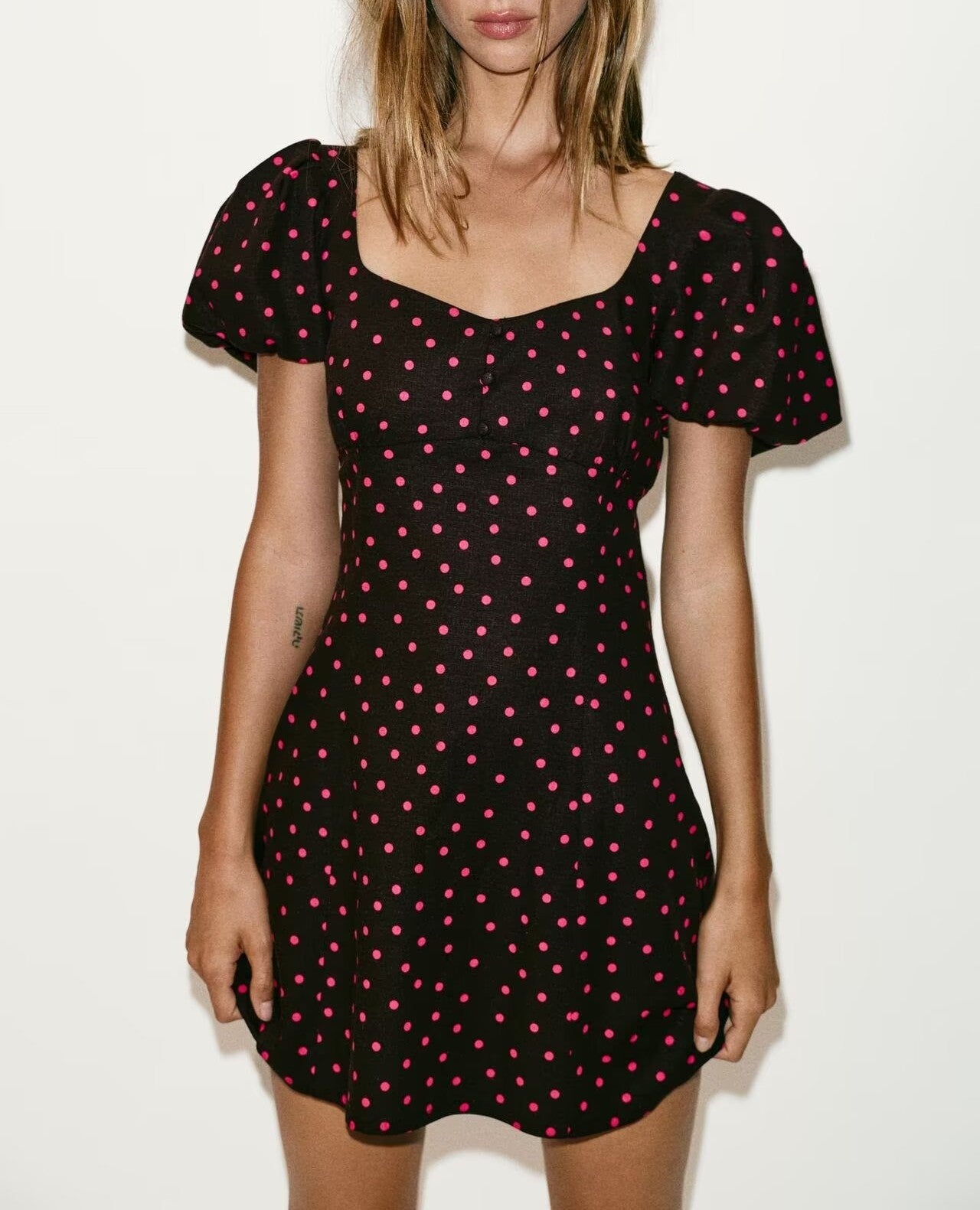 Summer French Retro Dots Puff Sleeve Square Neck Cinched Slimming Dress by Ragazza
