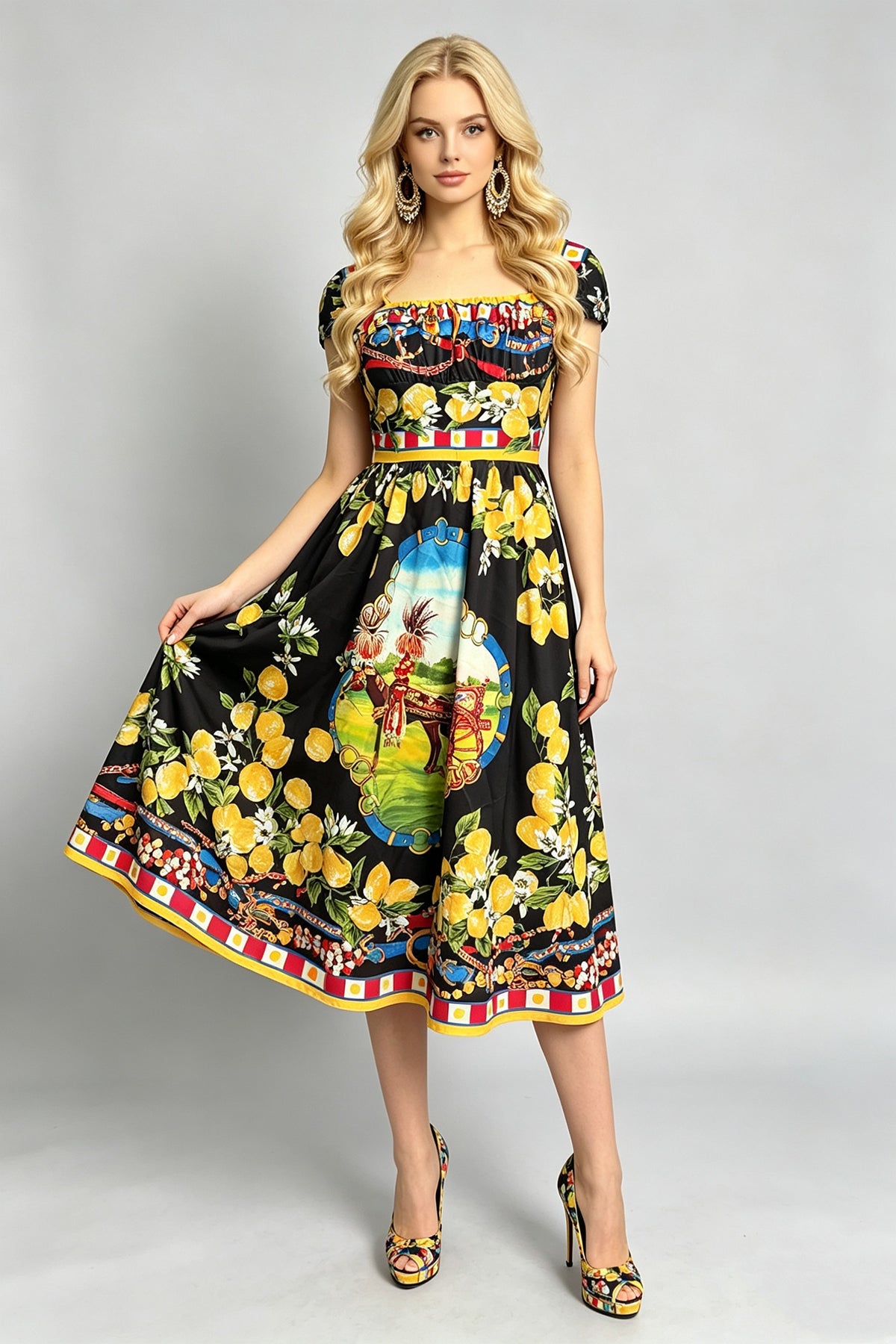 Women Oil Painted Floral High Waisted Pleated Halter Bodycon Dress With Square Neckline And Flared A Line Dress by Ragazza
