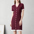 Women V Neck Fitted And Slimming Single Button Patchwork Short Sleeved Knitted Halter Neck Dress by Ragazza