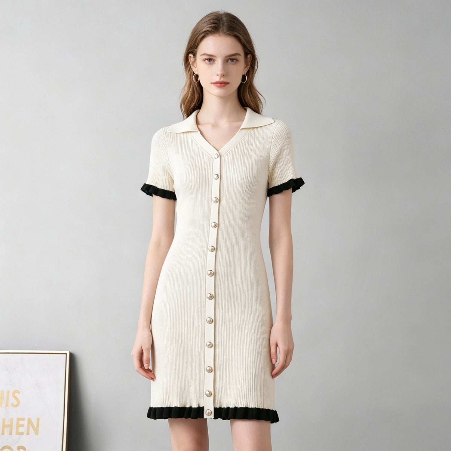 Women V Neck Fitted And Slimming Single Button Patchwork Short Sleeved Knitted Halter Neck Dress by Ragazza