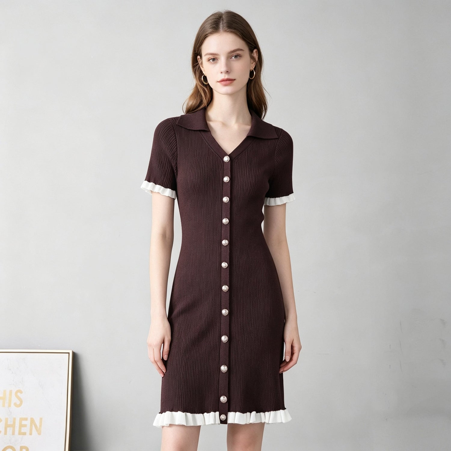 Women V Neck Fitted And Slimming Single Button Patchwork Short Sleeved Knitted Halter Neck Dress by Ragazza