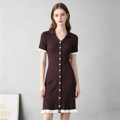 Women V Neck Fitted And Slimming Single Button Patchwork Short Sleeved Knitted Halter Neck Dress by Ragazza