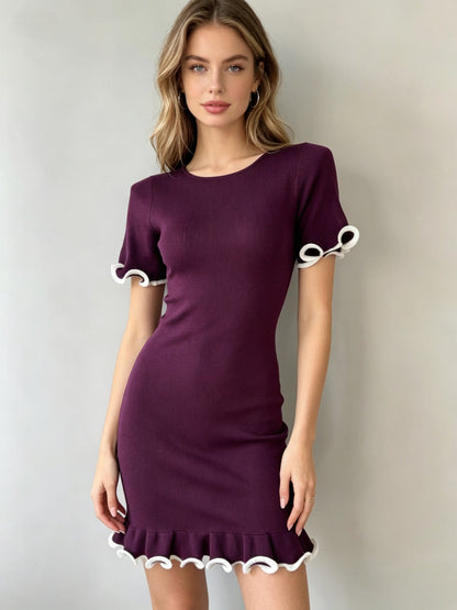 Women Short Dress With Ruffled Hem Short Sleeved Rolled Edge Fitted Knitted Dress by Ragazza