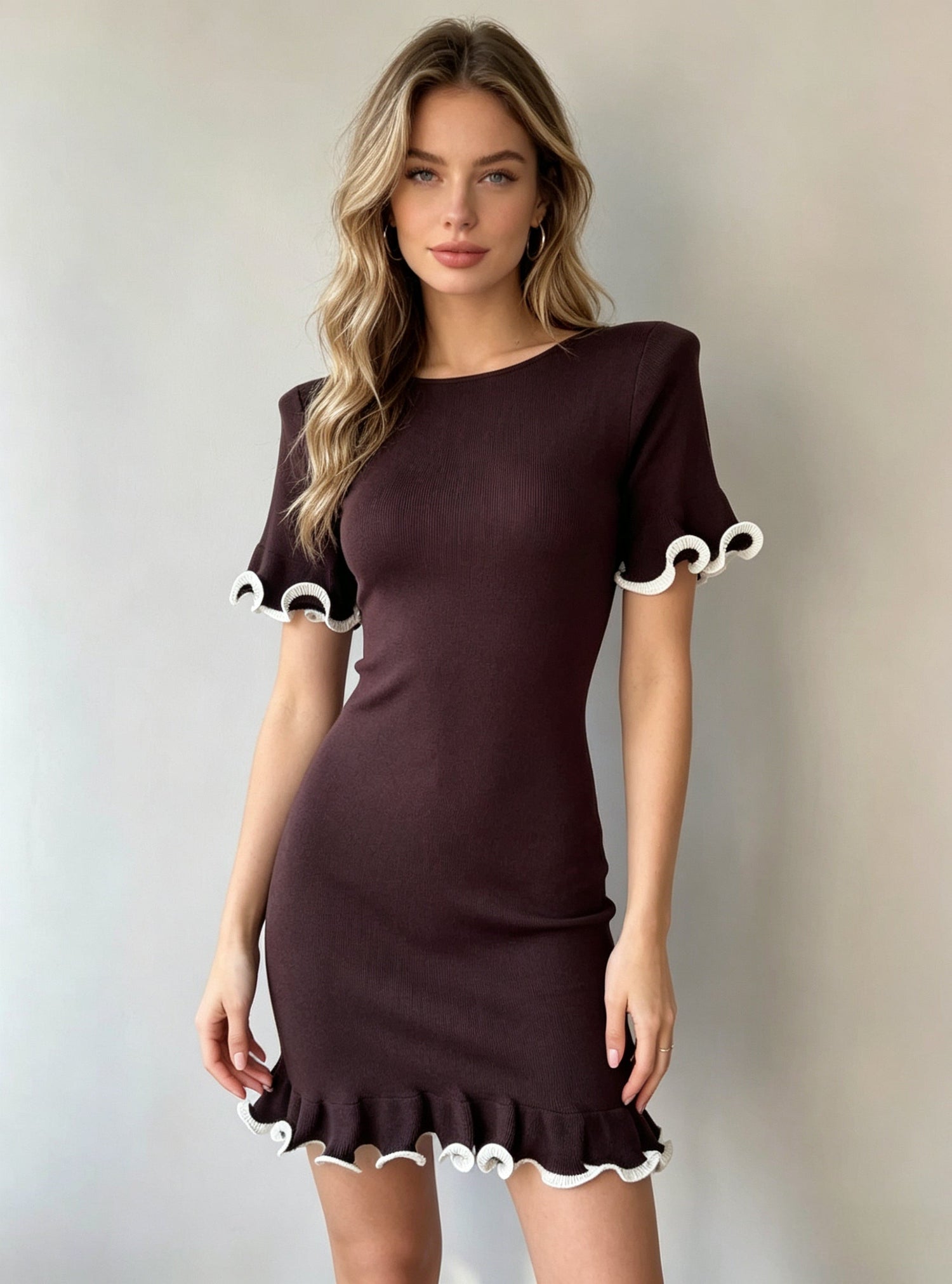 Women Short Dress With Ruffled Hem Short Sleeved Rolled Edge Fitted Knitted Dress by Ragazza