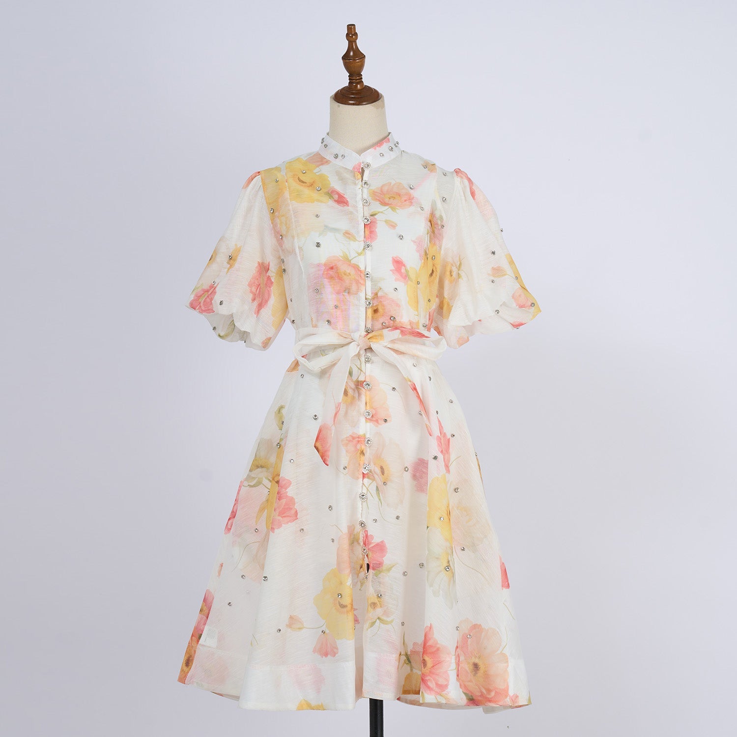 Women Summer Autumn Printed V Neck Puff Sleeved Tie Waist Wide Leg Umbrella Dress by Ragazza