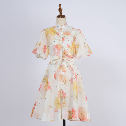 Women Summer Autumn Printed V Neck Puff Sleeved Tie Waist Wide Leg Umbrella Dress by Ragazza