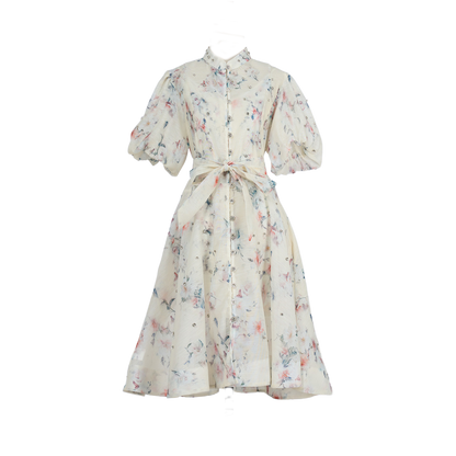Women Summer Autumn Printed V Neck Puff Sleeved Tie Waist Wide Leg Umbrella Dress by Ragazza
