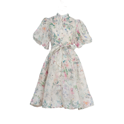 Women Summer Autumn Printed V Neck Puff Sleeved Tie Waist Wide Leg Umbrella Dress by Ragazza