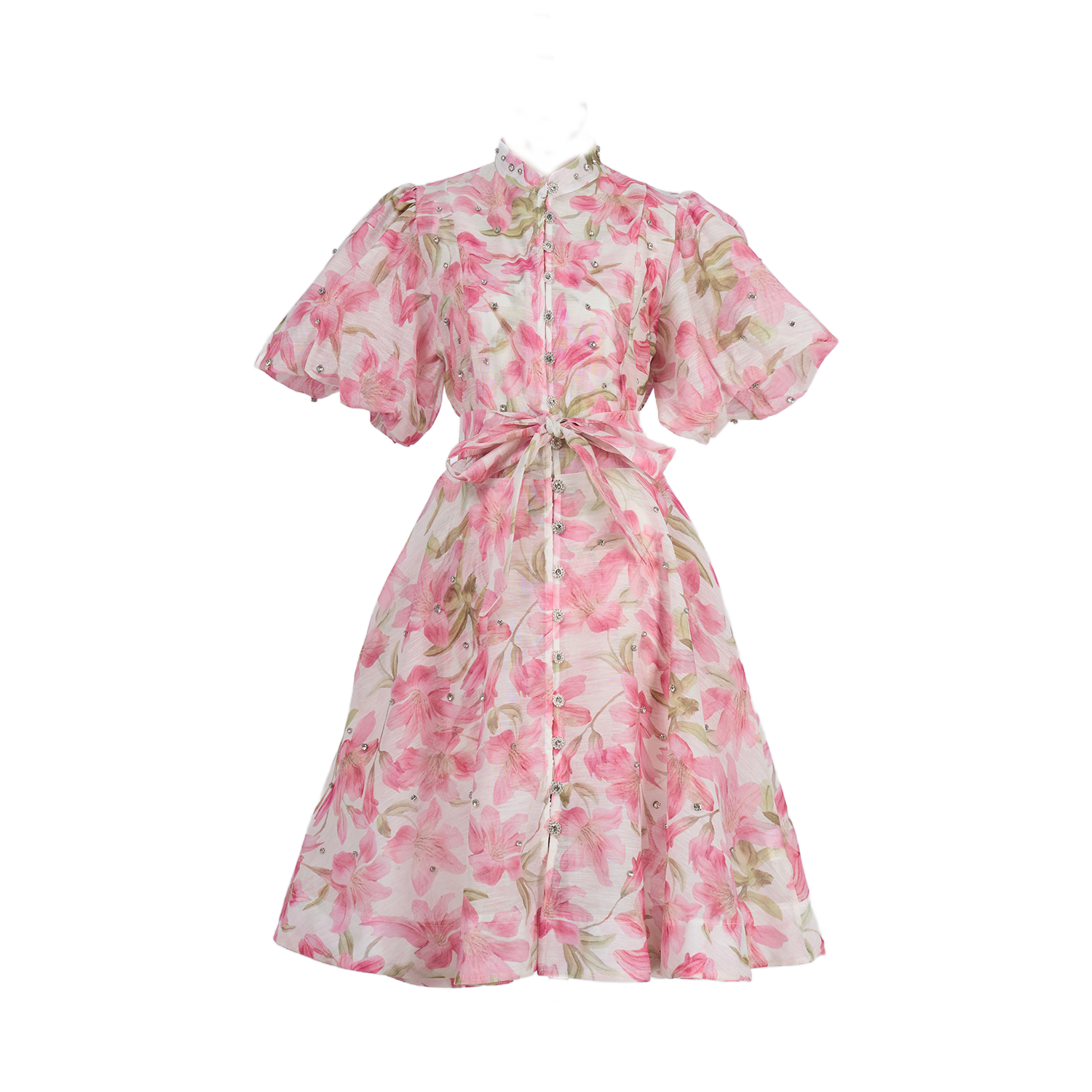 Women Summer Autumn Printed V Neck Puff Sleeved Tie Waist Wide Leg Umbrella Dress by Ragazza