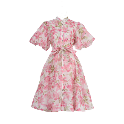 Women Summer Autumn Printed V Neck Puff Sleeved Tie Waist Wide Leg Umbrella Dress by Ragazza