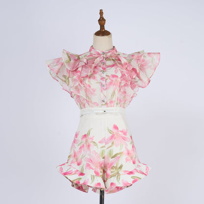 Women Court Style V Necked Frilled Hemline Diamond Buttoned Sleeveless Short Skirt Two Piece Sets by Ragazza