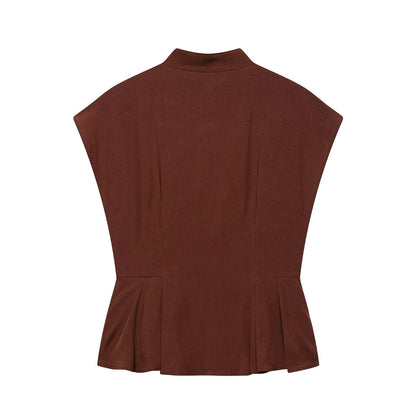 Spring Autumn Graceful Fashionable Women Sleeveless Turtleneck Short Hem Pleated Top by Ragazza