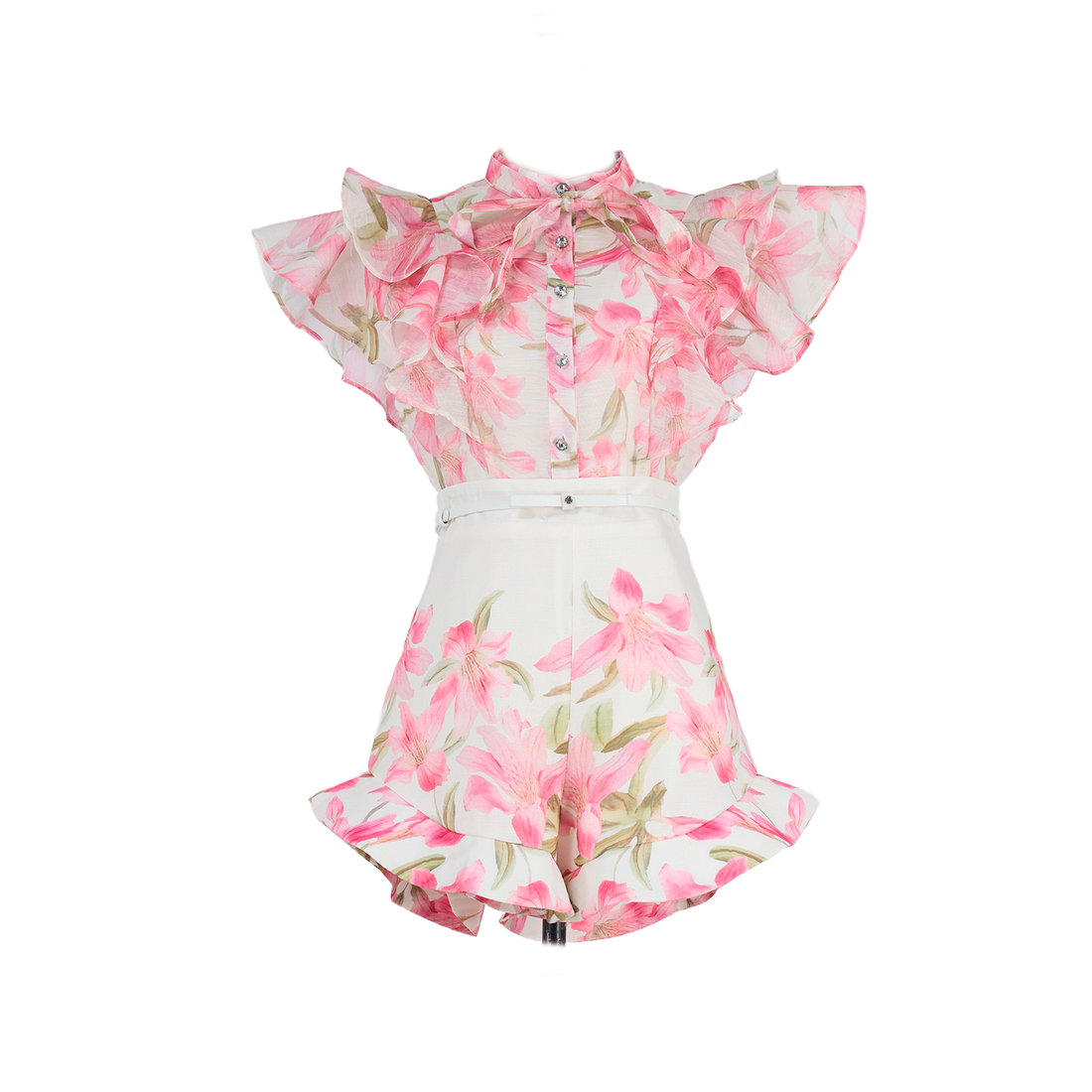 Women Court Style V Necked Frilled Hemline Diamond Buttoned Sleeveless Short Skirt Two Piece Sets by Ragazza