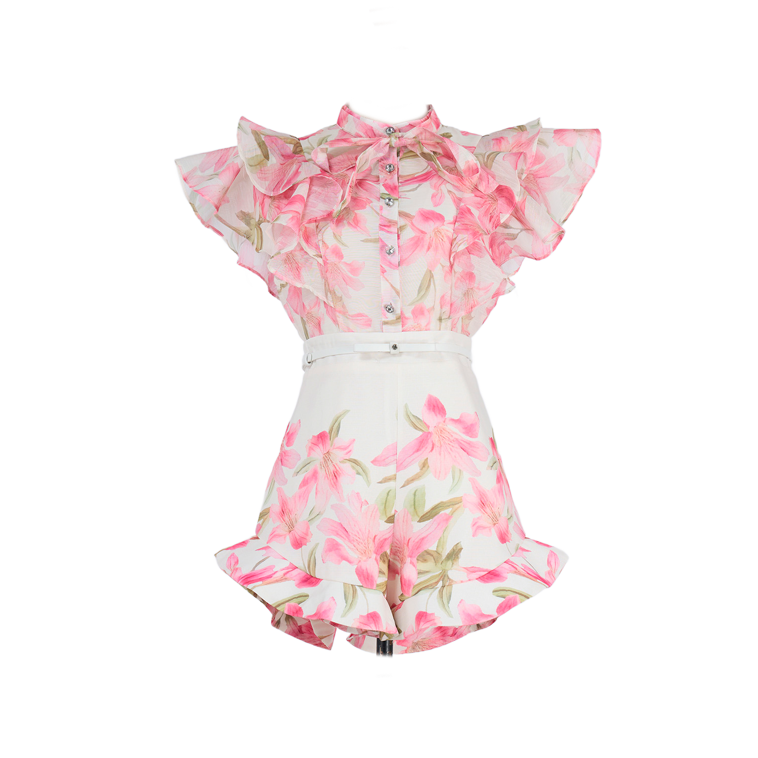 Women Court Style V Necked Frilled Hemline Diamond Buttoned Sleeveless Short Skirt Two Piece Sets by Ragazza