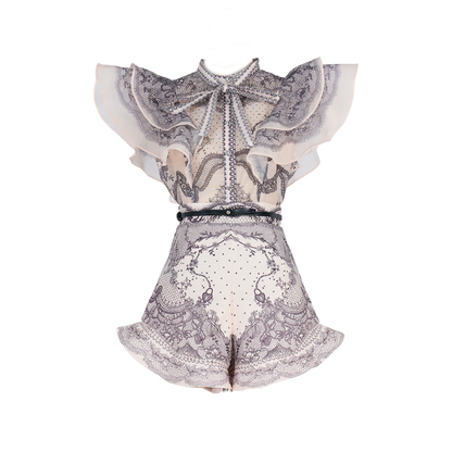 Women Court Style V Necked Frilled Hemline Diamond Buttoned Sleeveless Short Skirt Two Piece Sets by Ragazza