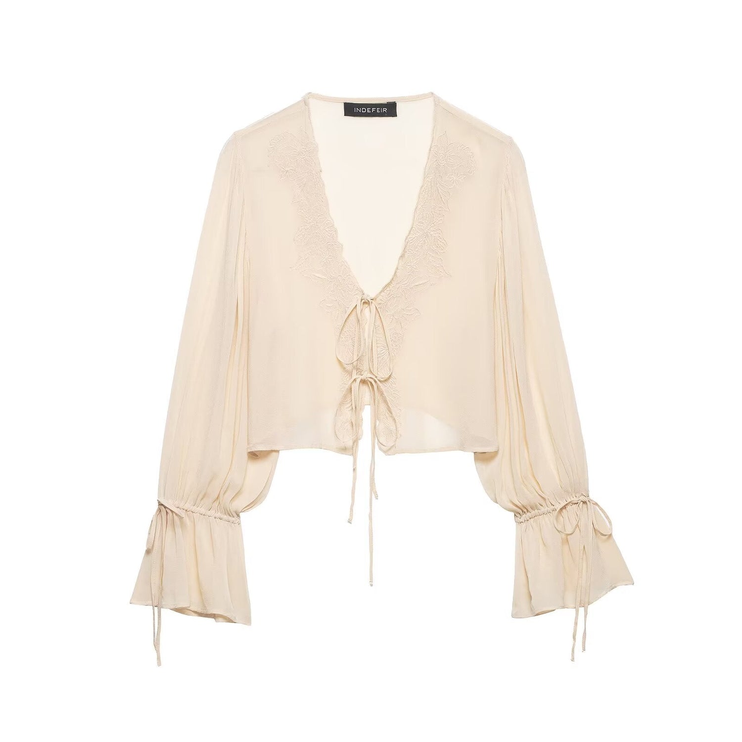 Women Clothing Summer Long Sleeve V neck Lace up Embroidered Shirt Top Women by Ragazza