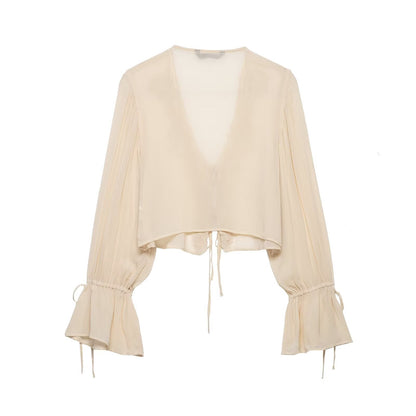 Women Clothing Summer Long Sleeve V neck Lace up Embroidered Shirt Top Women by Ragazza
